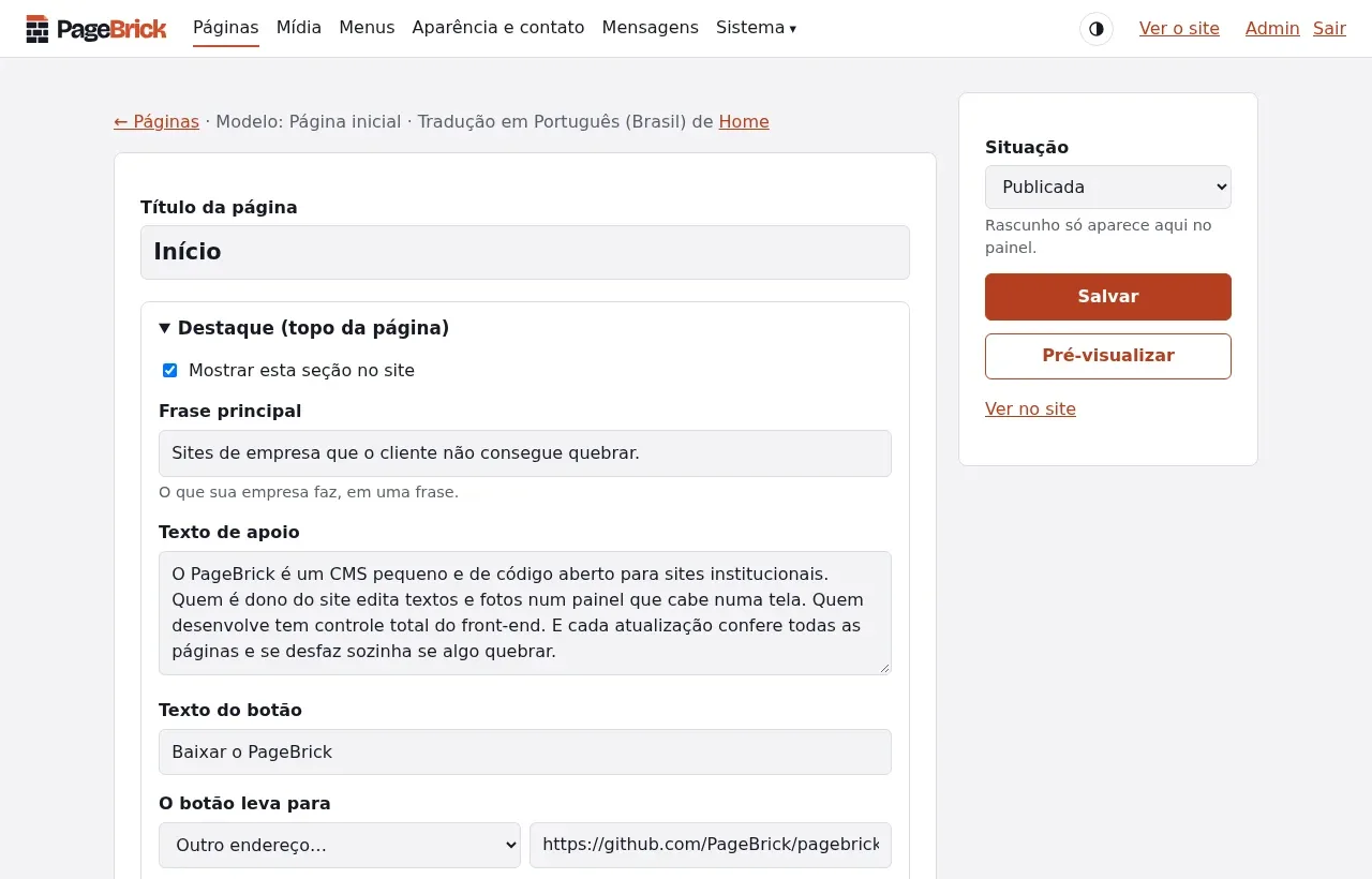 O painel do PageBrick editando a página inicial de um site