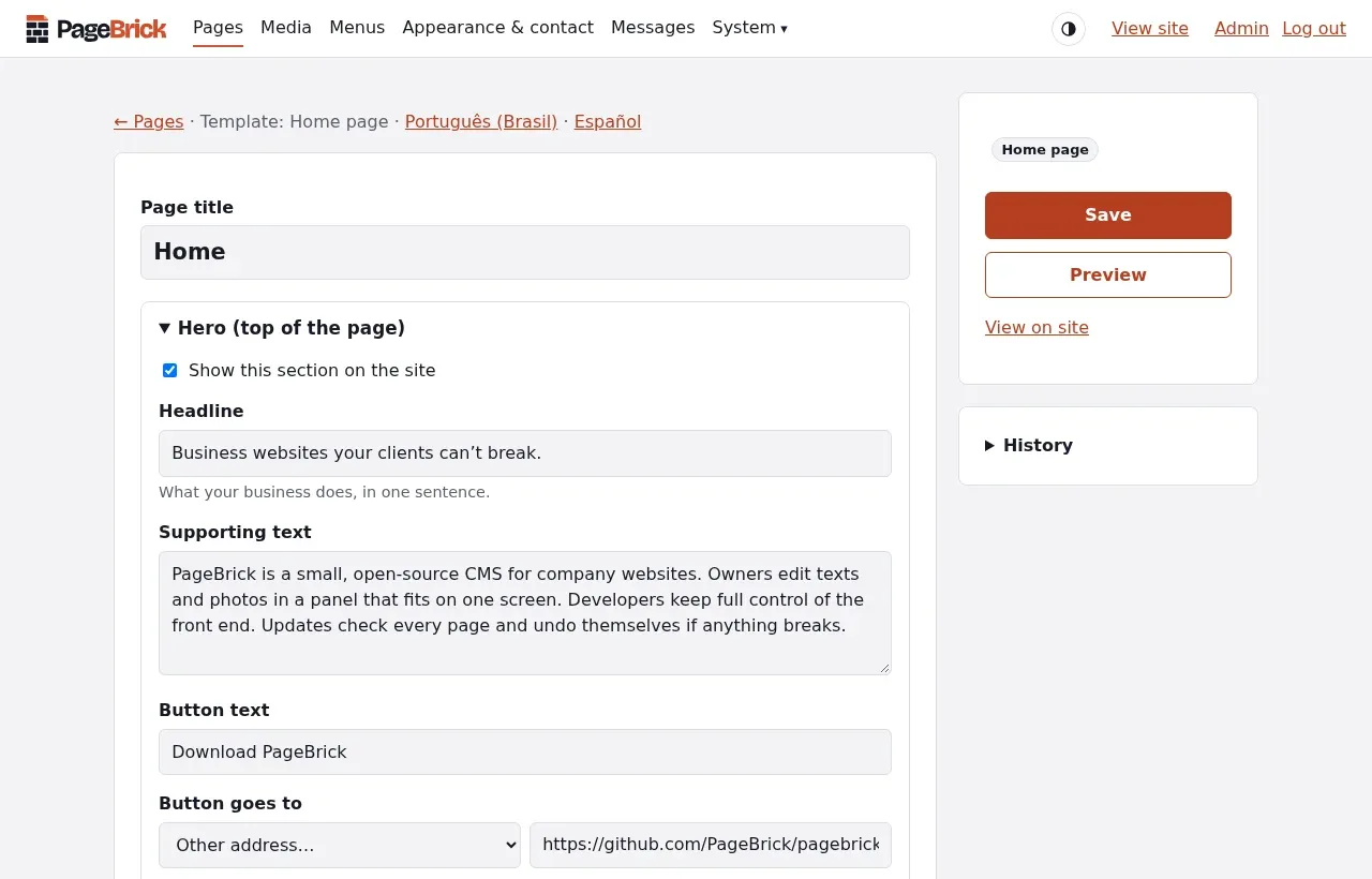 The PageBrick panel, editing the home page of a site